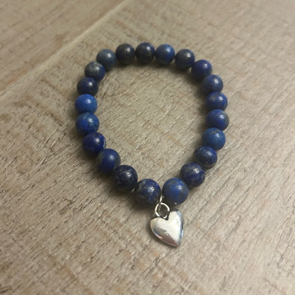 Blue lapis Beaded Bracelet with Silver Heart Charm